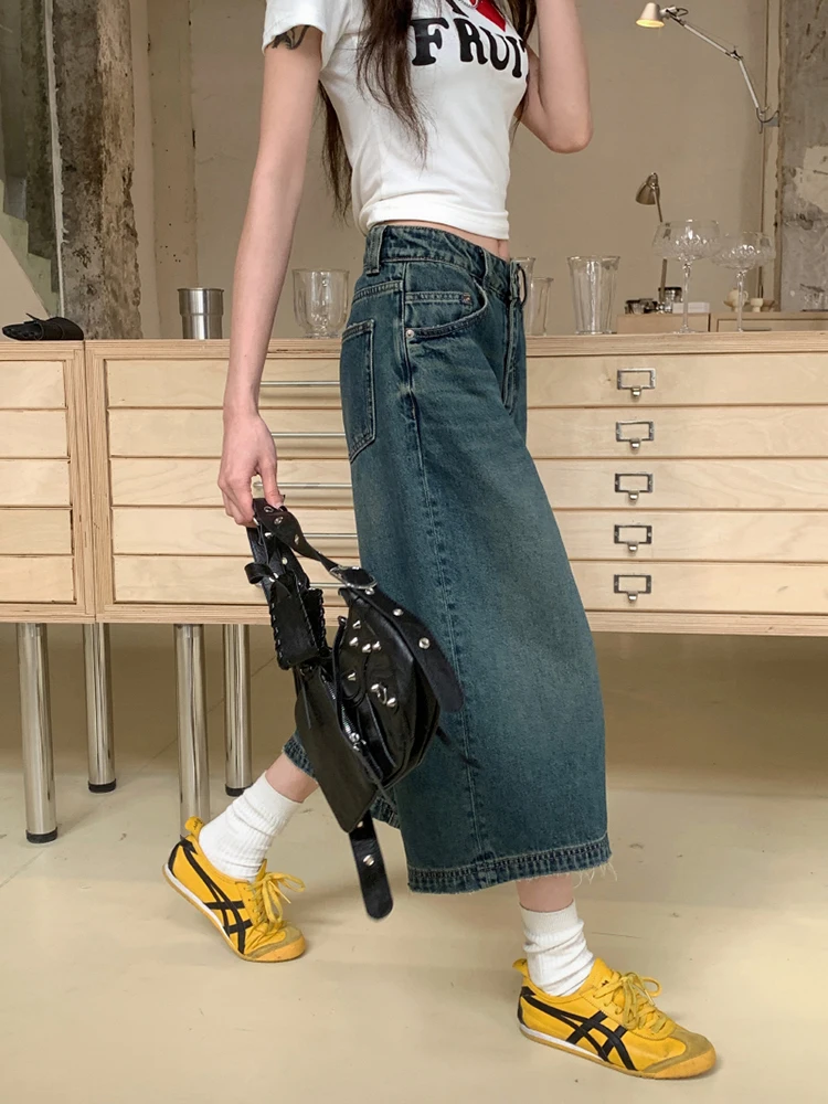 2024 Y2k Retro Women Low Waisted Blue Wash Cropped Baggy Jeans Wide Leg Frayed Denim Short Pants