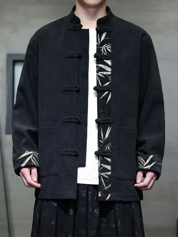 

New Chinese Sle Men's Jaet with Button Decorated Stand Collar Corduroy Coat Improved Tang Costume Hanfu Trendy Spring New...