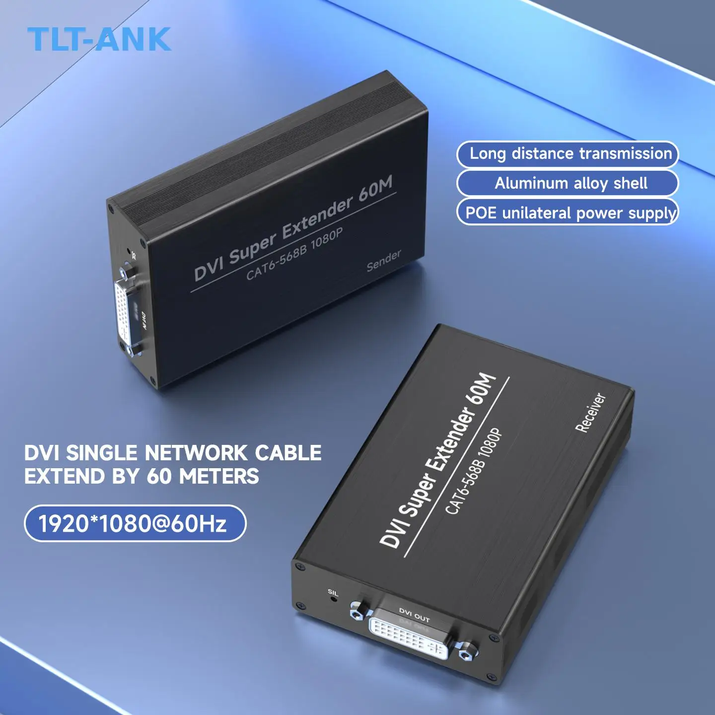 Single Cable Video Splitters & Converters DVI 60m Extender with POE Power CAT6 Transmission 1920*1080 Resolution