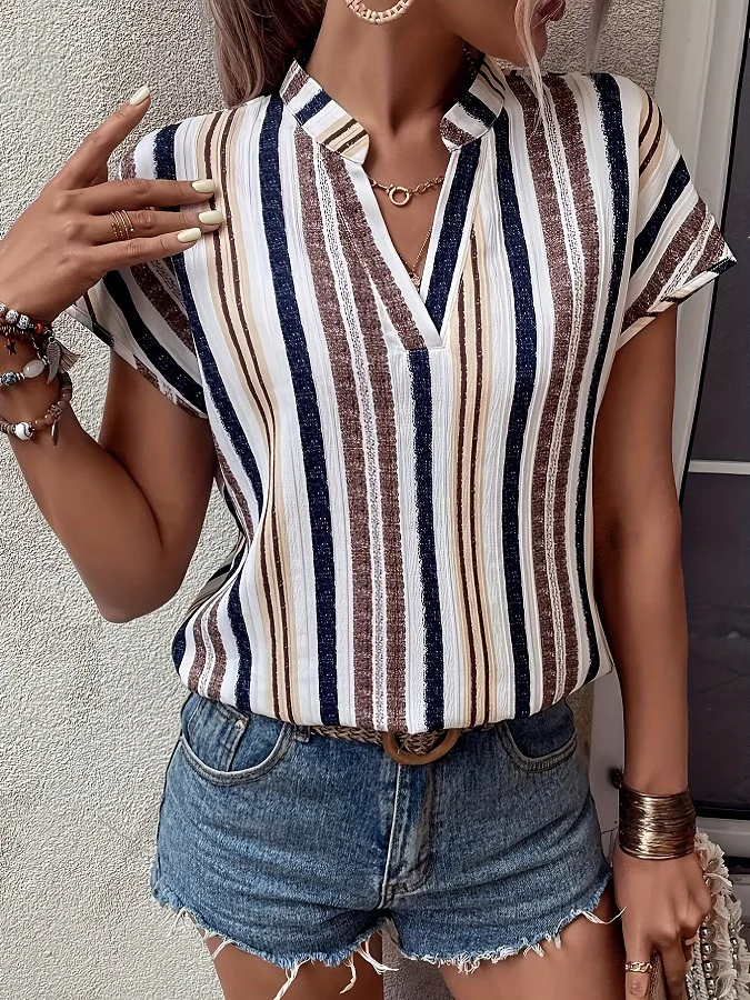 Femme Stylish Casual Elegant Holiday Loose Tops Women Summer Stripe Printed Blouse Short Sleeve V Neck Bohemian Shirt 2024 Blusa