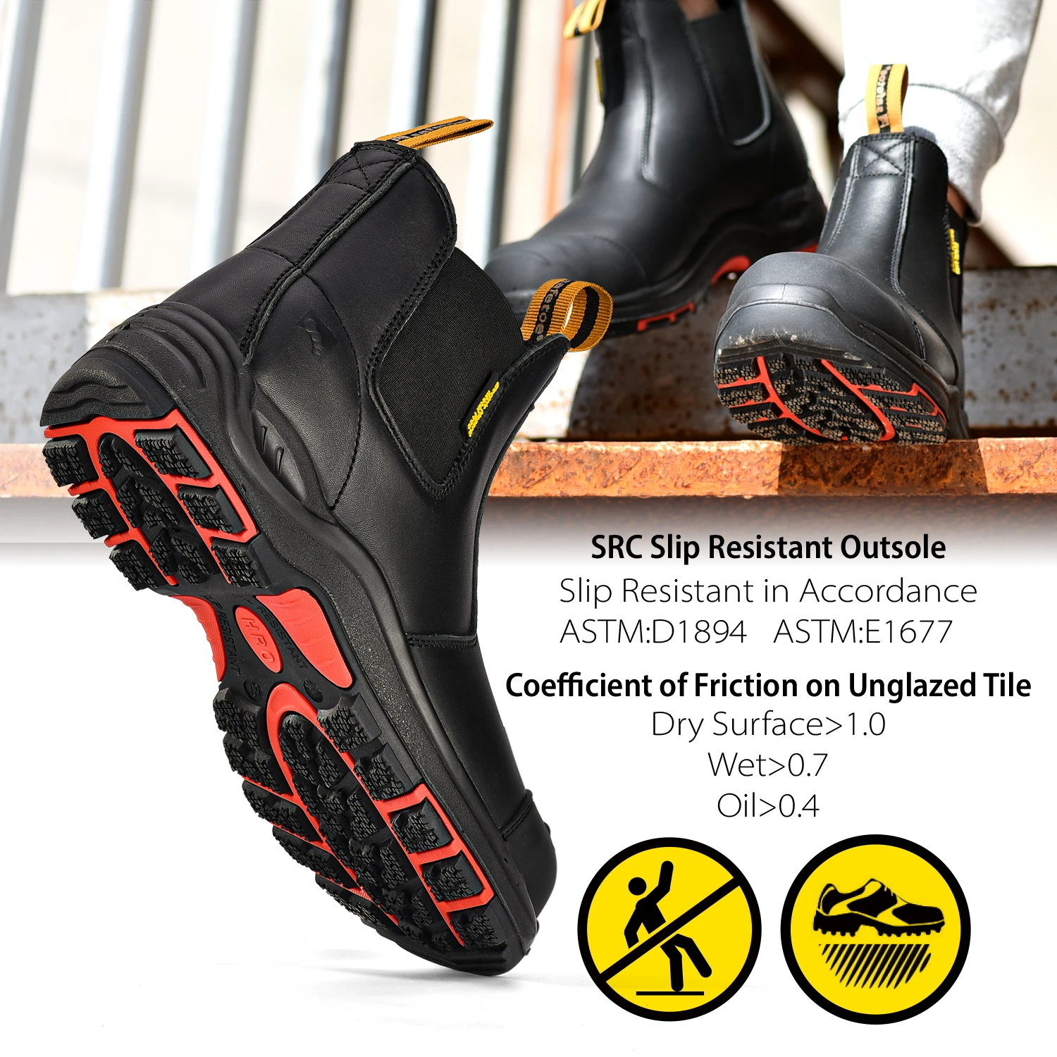 SAFETOE Heavy Duty Men Safety Work Boots, S3 Black Site Dealer,Composite Toe Cap,  LacelessSlip On Waterproof Leather,Gel Insole