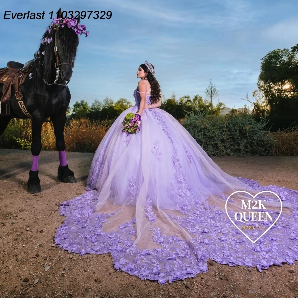 

Блестящее Сиреневое платье EVLAST для Quinceanera, бальное платье с цветочной аппликацией и бисером, милое платье для 16 лет, QD1093