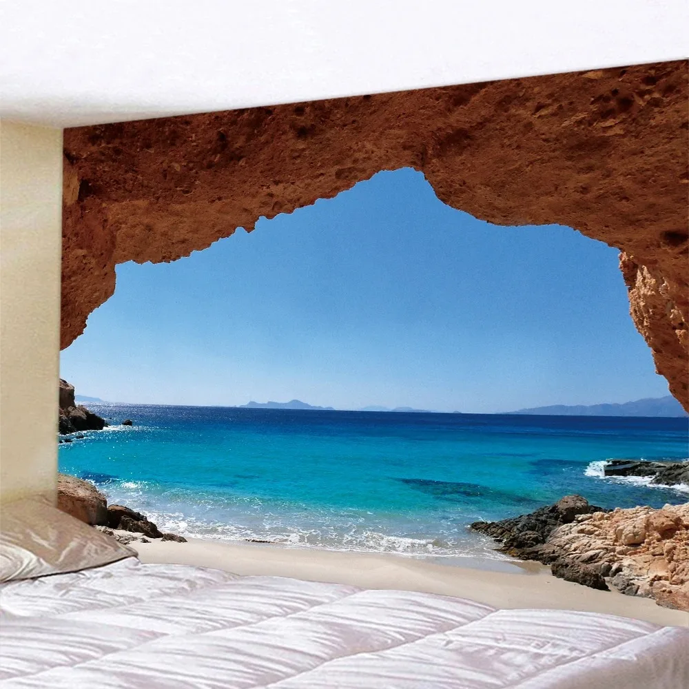 Beach Sunrise Cave Pattern Home Decor Room Background Fabric Boho Style Wall Living Room Tapestry