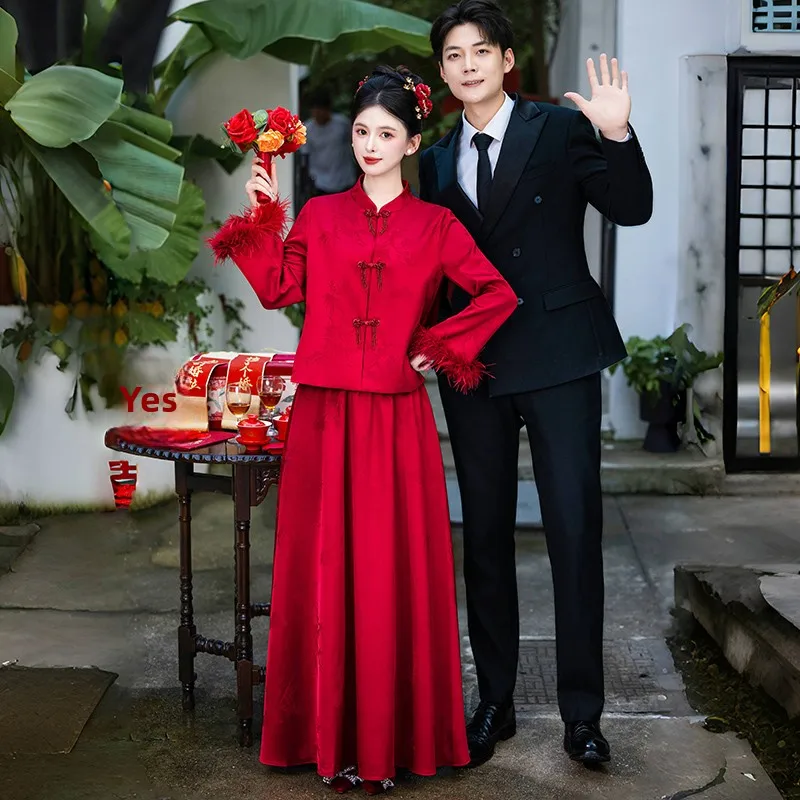 

New Chinese Sle Wedding Celebration Ceremony Dr Set with Button Stand Collar Heavy Embroidery Lace Sve for Bride