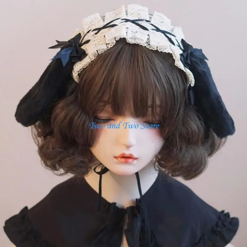 HX6F طوق شعر جميل على شكل أذن أرنب مع دانتيل مطوي لديكورات الحفلات التنكرية