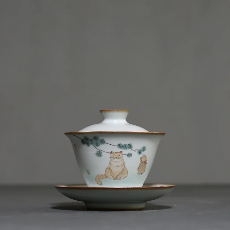 

Ru Kiln ручная роспись милая керамическая крышка чаша чайная чашка Sancai Gaiwan чай кунг-фу пуэр Tes набор чашек посуда для вина