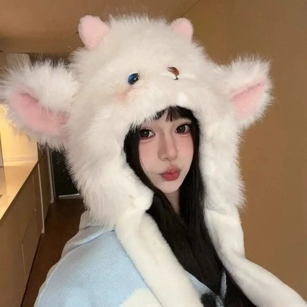 귀여운 털이 많은 귀 보호 모자 두꺼운 만화 양 모양 따뜻한 헤드기어 방풍 몽골리안 모자 여성 패션