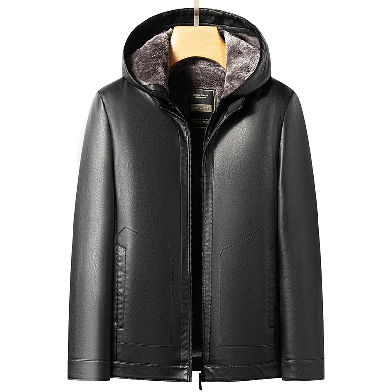2025 winter men's Jacket hooded fur Black/Brown men's Faux leather jacket with thickened velvet Warm Winter Coat for Man!