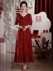 Luxury Mother Of The Bride Dresses Wine Red Lace Sequin Mom Long Evening Dresses For Wedding Party