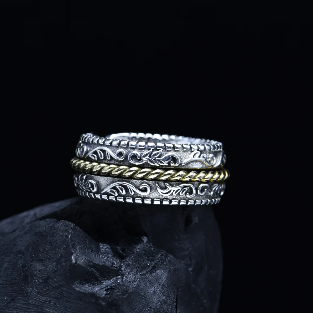 

925 sterling silver ring with exquisite Tang grass pattern hemp rope element, niche design, retro index finger ring, tail ring