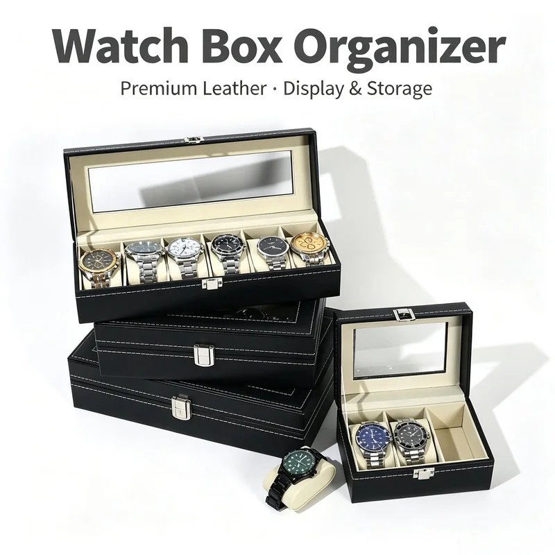 3/12‑Slot PU Leather Watch Box With Transparent Glass Lid, Watch Display Case Jewelry Storage Organizer Gift Box for Men