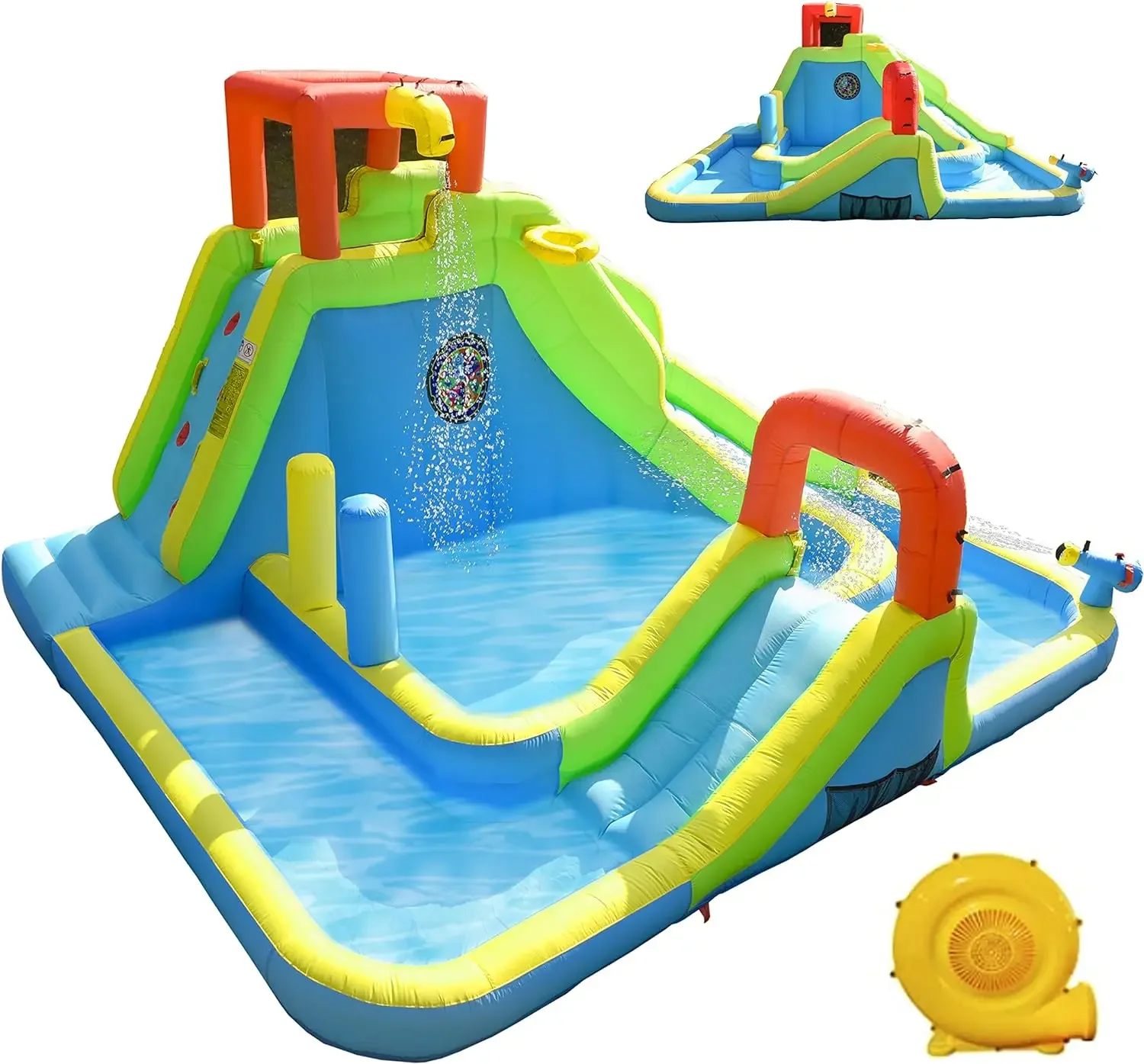 Water Slide Park, Large Kids Water Castle Fun Bouncy House with Dual Pools and Slides, Climbing Wall, Basketball and