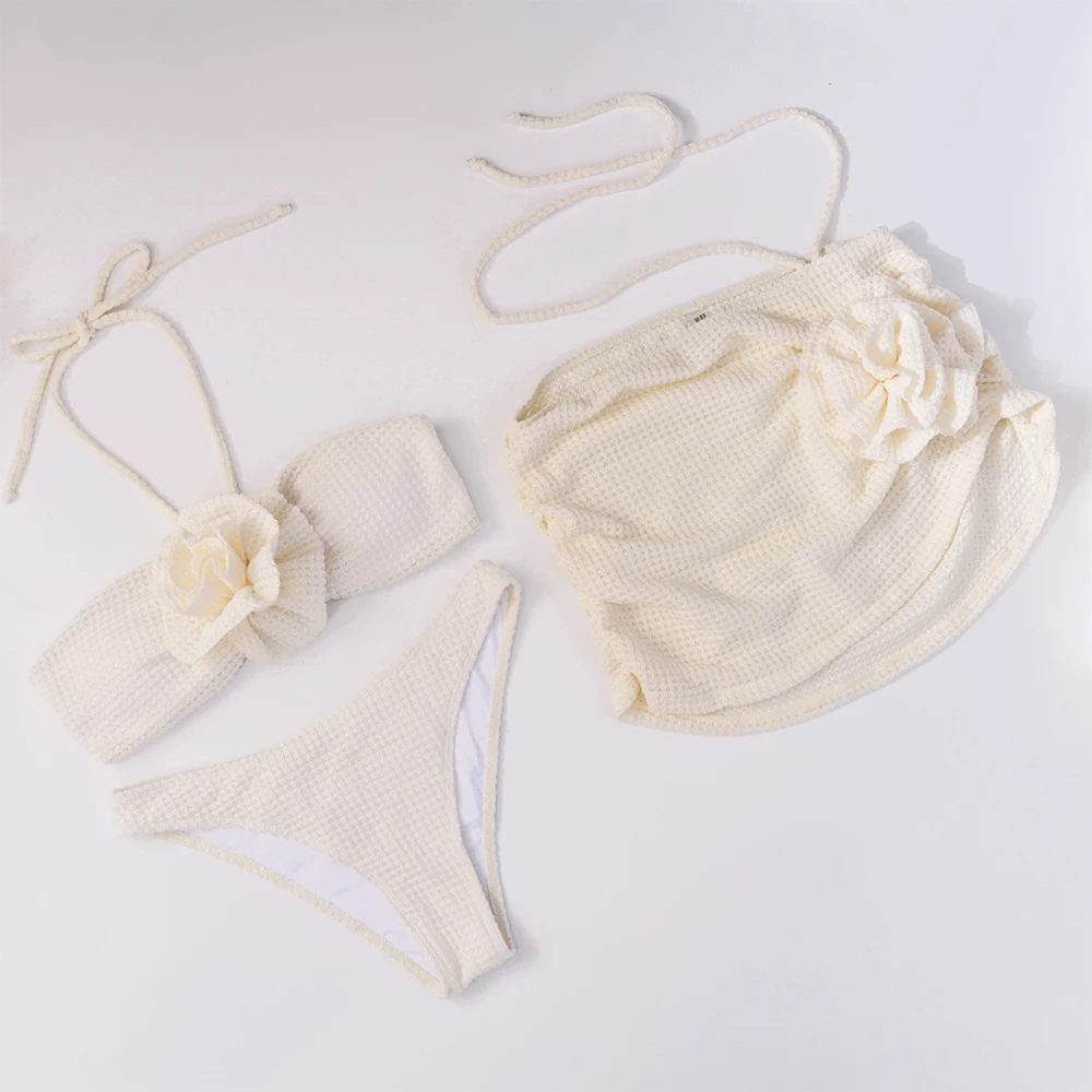 Conjunto de Bikini de tres piezas con flores para mujer, traje de baño Sexy de estilo vendaje liso, ropa de playa, 2025
