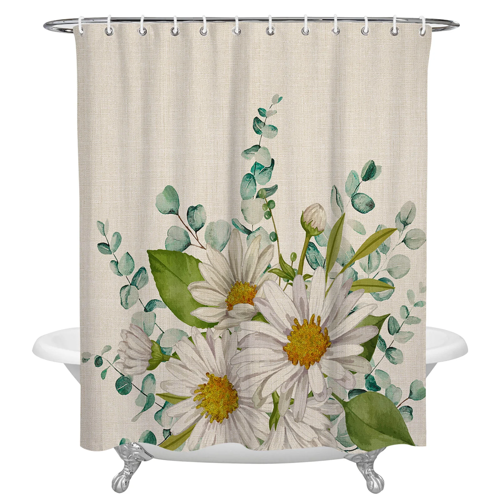 Flowers Daisies Eucalyptus Leaves Shower Curtains Waterproof Bath Curtains Home Decor Modern Luxury Bathroom Curtain