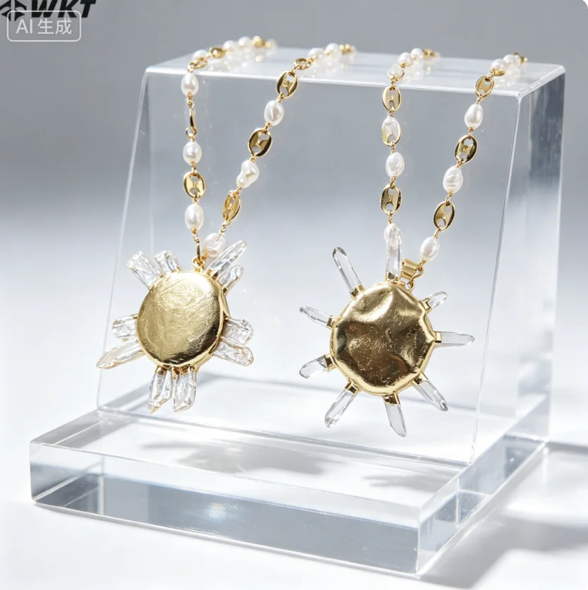 

WT-JN248 Freshwater Pearl Sun Flower Design Quartz And Cross Shape 24 Inch Long 18K Gold Pig Nose Adjustable Chain Necklace