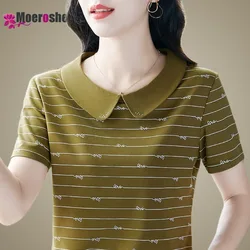 Aesthetic Women Roll Collar POLO Short Sleeve T-shirts Fashion Clothing Trend Anti-Pilling Ladies Tops Doll Collar Age Reduction