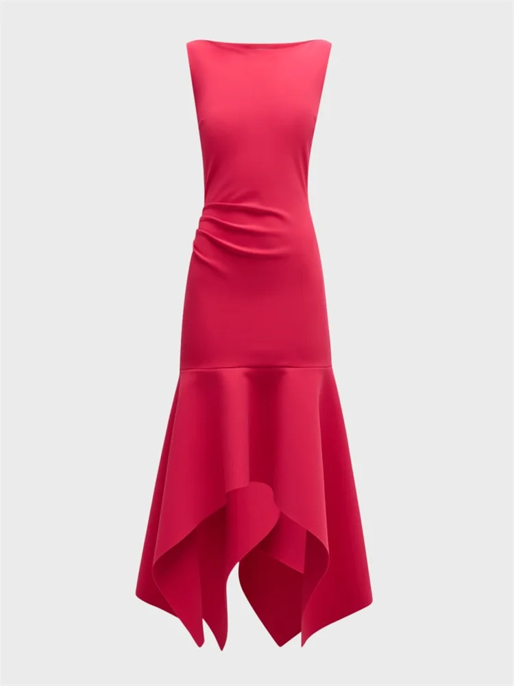 

Hot Selling Boat Neckline Sleeveless A-Line Satin Evening Dress Elegant Handkerchief Hem Hem Falls Below The Knee Gown For Women