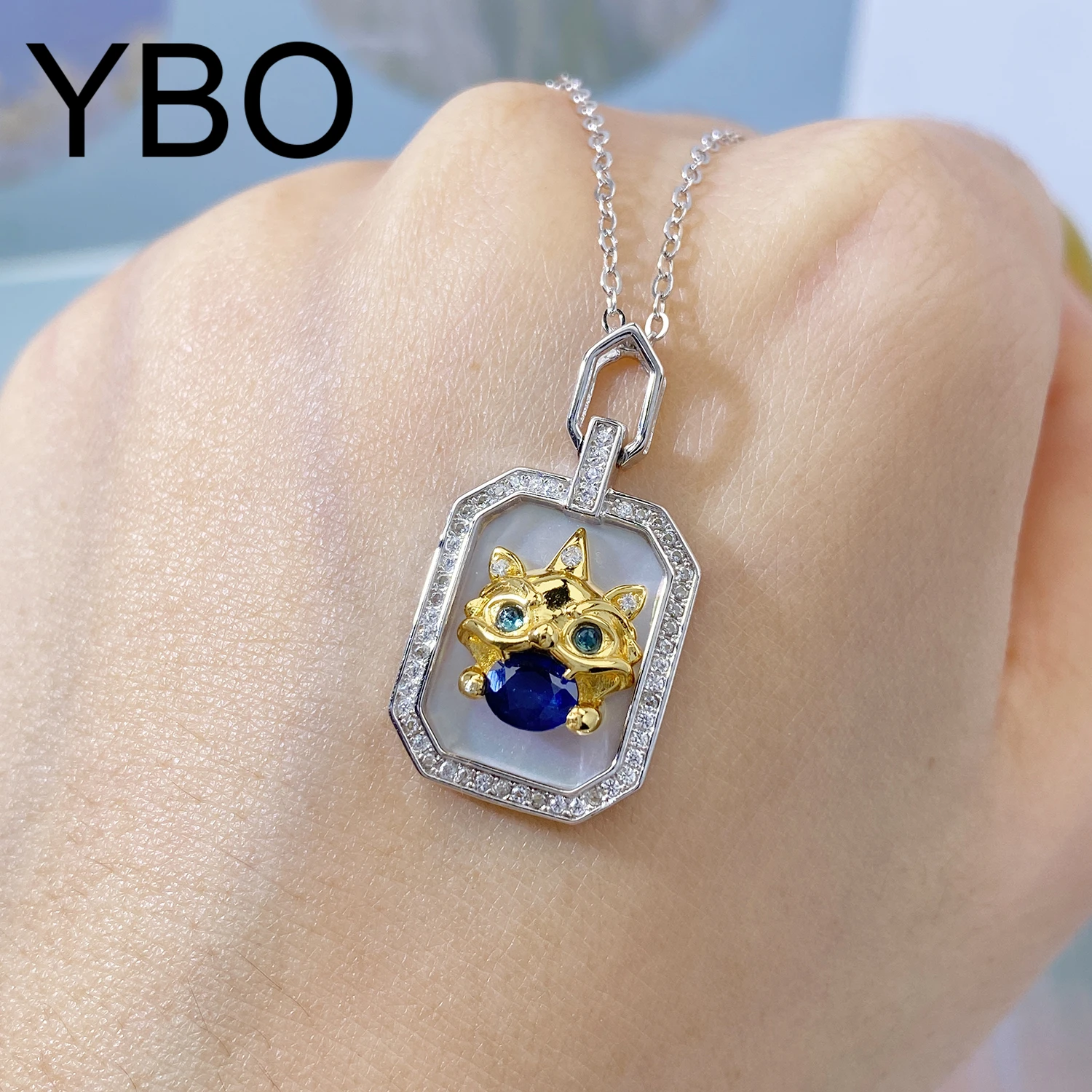 

YBO Cute Lion Rectangle Pendant Necklaces For Women Natural Sapphire CZ 925 Sterling Silver Luxury Jewelry Party Birthday Gifts