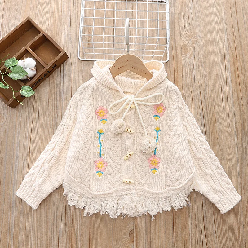 Spring Autumn Children Girls Cardigan Cloak Flower Embroidery Tassels Hem Kid Girls Sweater Coat Soft Weaved Hooded Girls Jacket