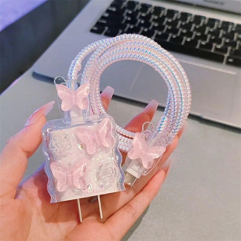 Pink Crystal Butterfly Charging Data Cable Protector Winder Accessories for iPhone 18/20w Cartoon Charger Protective Cover