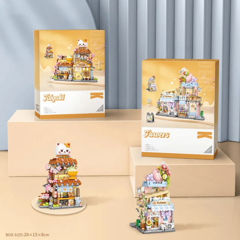 Creative Foldable Flower Shop Panda Cute Cat House Bear Takoyaki Mini Building Block Assembly Puzzle Toys For Kids Adults Gifts