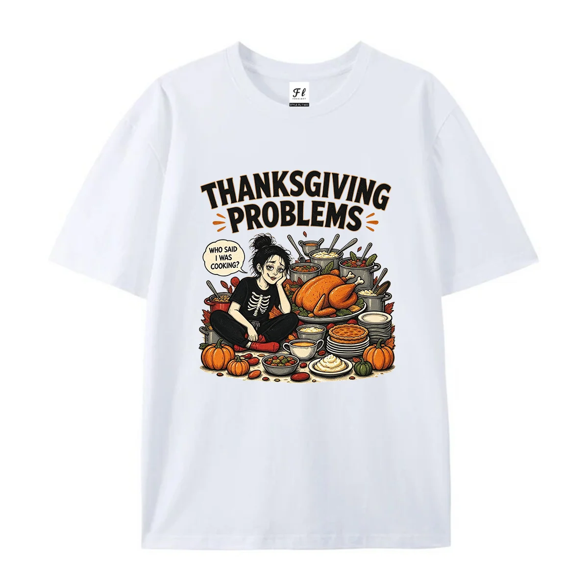 Women Casual Short Sleeve T Shirt Thanksgiving Problems Funny Cartoon Dinner Graphic Tees Holiday Humor Pumpkin Turkey Print Top