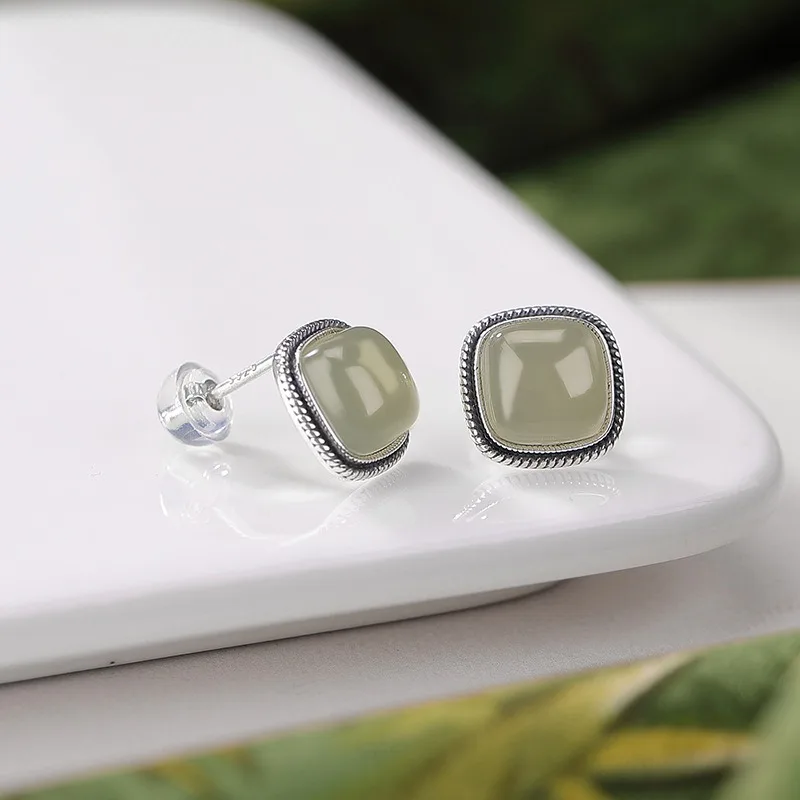 

TIMESWIND S925 Silver Natural Hetian Jade Light Green Square Women Earrings with Certificate
