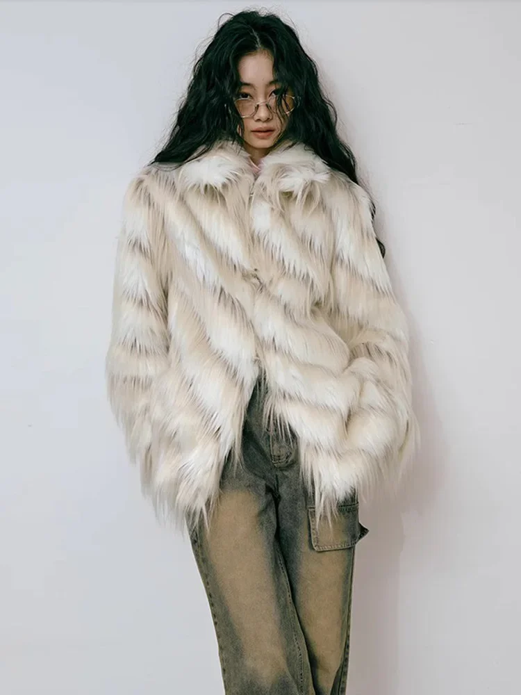 Women's Fur Coat Vintage Tassels Shaggy Faux Fox Fur Coat Fall/Winter Thick Loose Tops