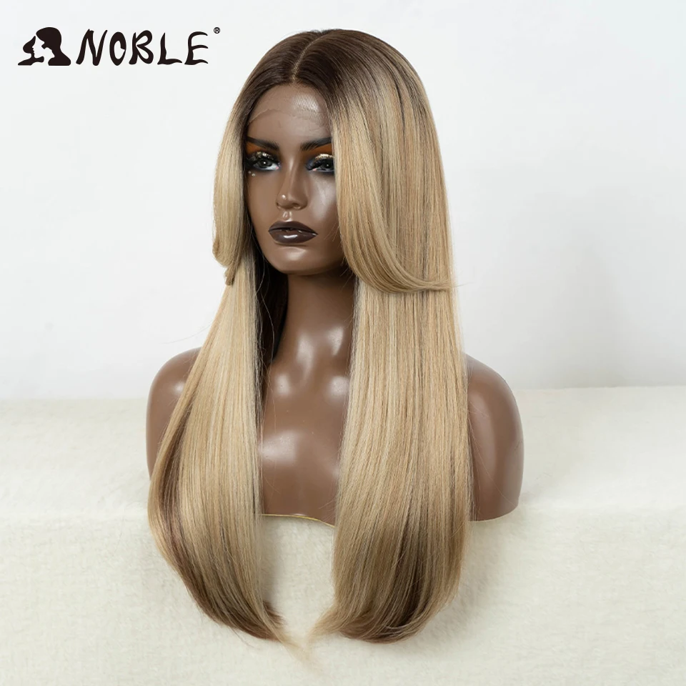 Perruque Lace Front Wig synthétique lisse sans colle-Noble, perruque Lace Wig, blonde miel ombré, marron, 24 pouces, perruque Lace Wig à reflets,