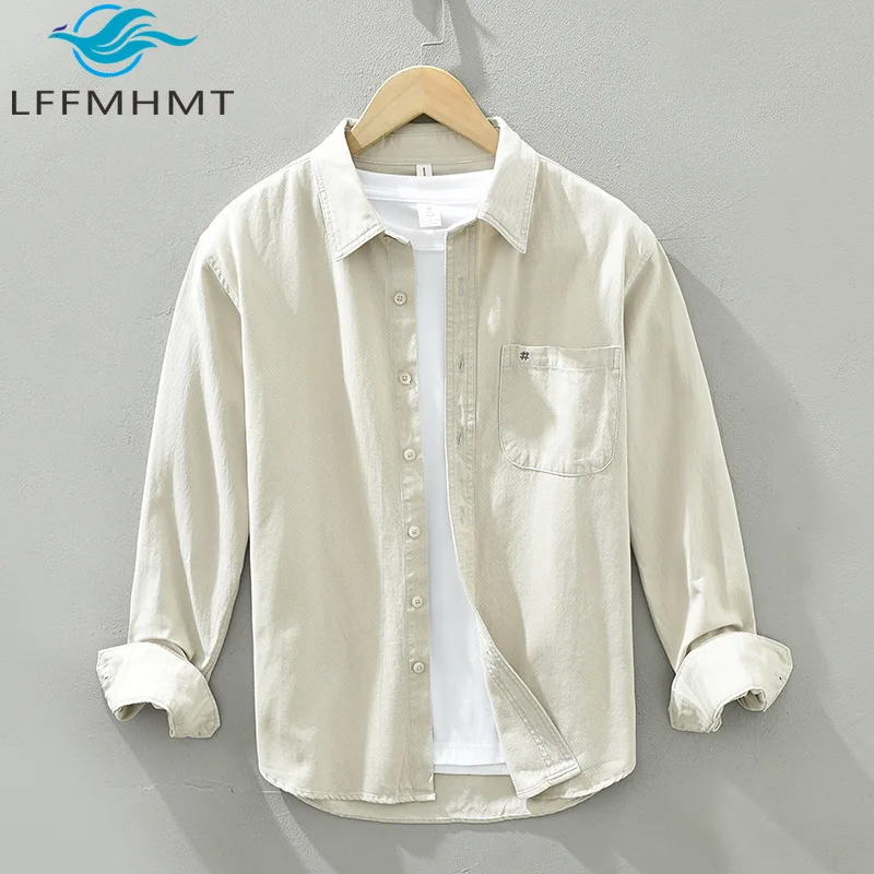 

1357 100%Cotton White Shirt for Men Spring Fall Fashion Solid Color Simple Basic Japan Style Lapel Blouse Pocket Embroidery Tops