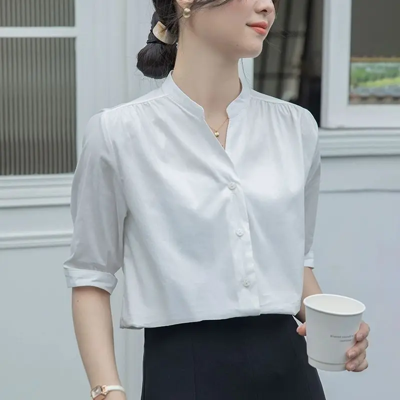 V-Neck Minimalist Solid Color Summer New 2024 Short Sleeve Top Office Lady Temperament Elegant Button All-match Female Shirt