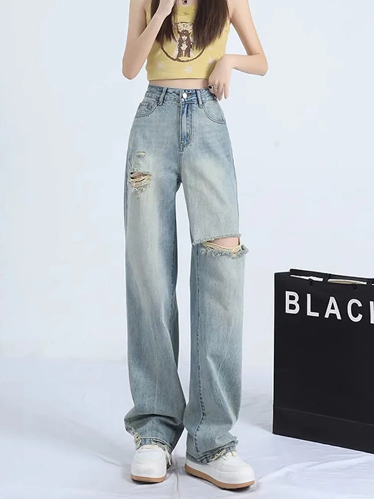 

Y2k Women's Loose Straight Wide Leg Hole Ripped Baggy Jeans Fashion High Waist New In Denim Pants