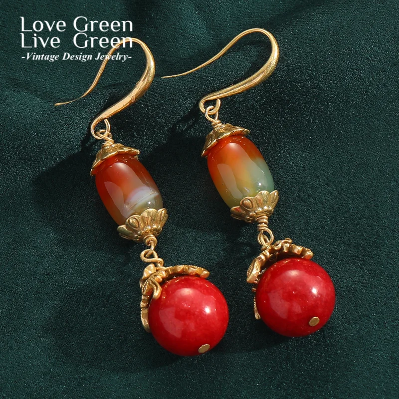 

Vintage Red Agate Drop Earrings Gold Color Natural Stone Chinese Style Elegant Woman Accesories Designer Luxury Jewelry Charm