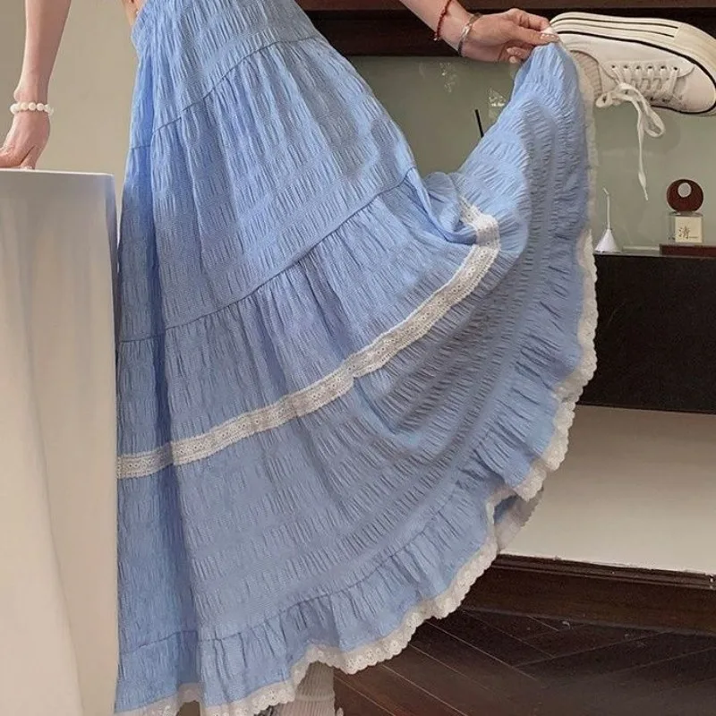 

Sweet Dopamine Lace Splicing Plaid Women's 2025 Spring Summer New High Waist Big Swing Umbrella Skirt Niche Long Dress