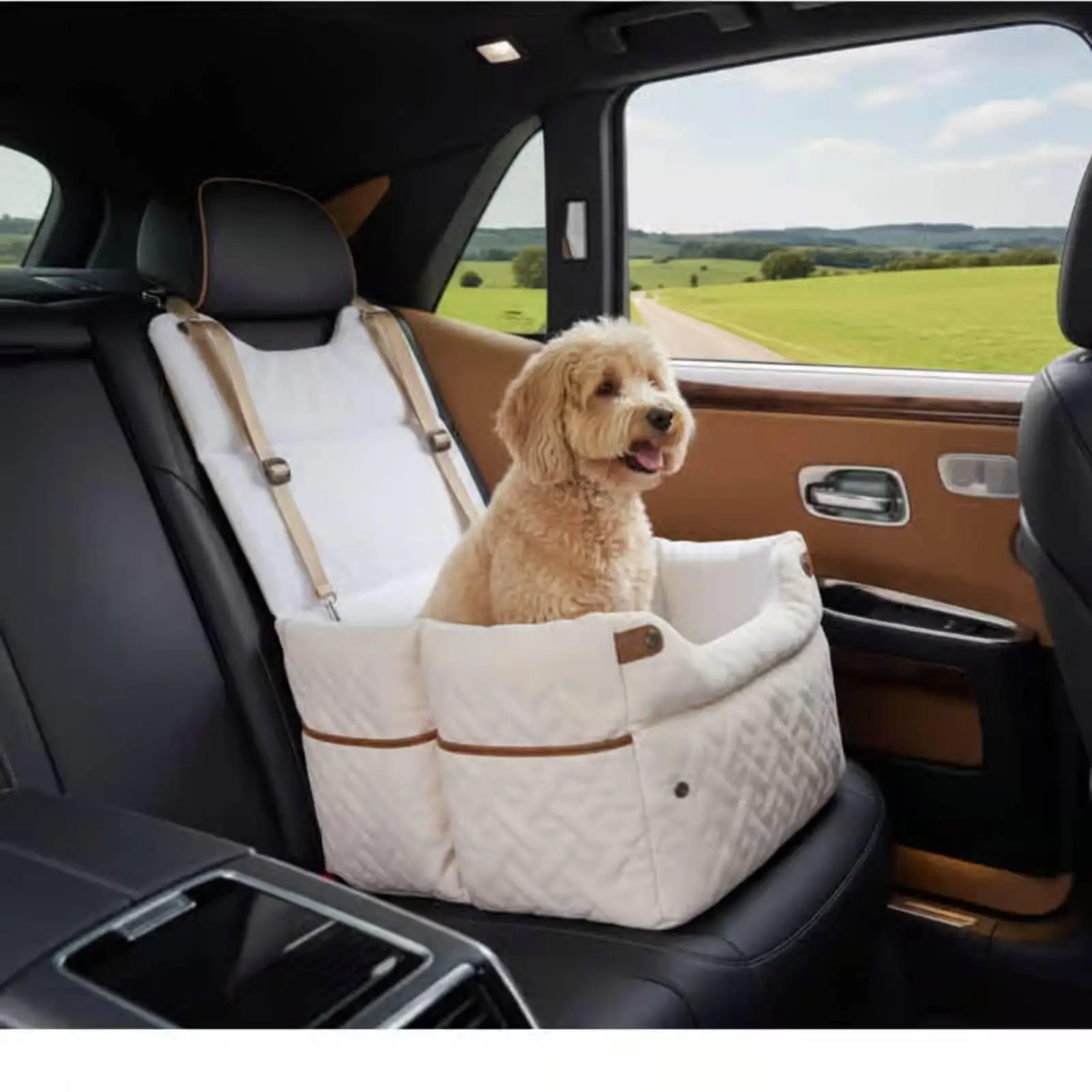 Medium Dog Vehicle Seat Cover with Reversible Cushion Foldable Pet Travel Bed for Car Seat Protection with Restraint Straps