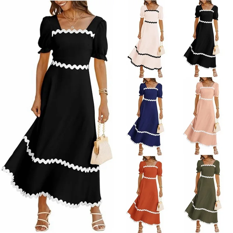 

Summer Women Dress Flower Edge Patchwork Short Puff Sleeves Dress Pleated Color Matching Square Neck A-line Beach Maxi Dress