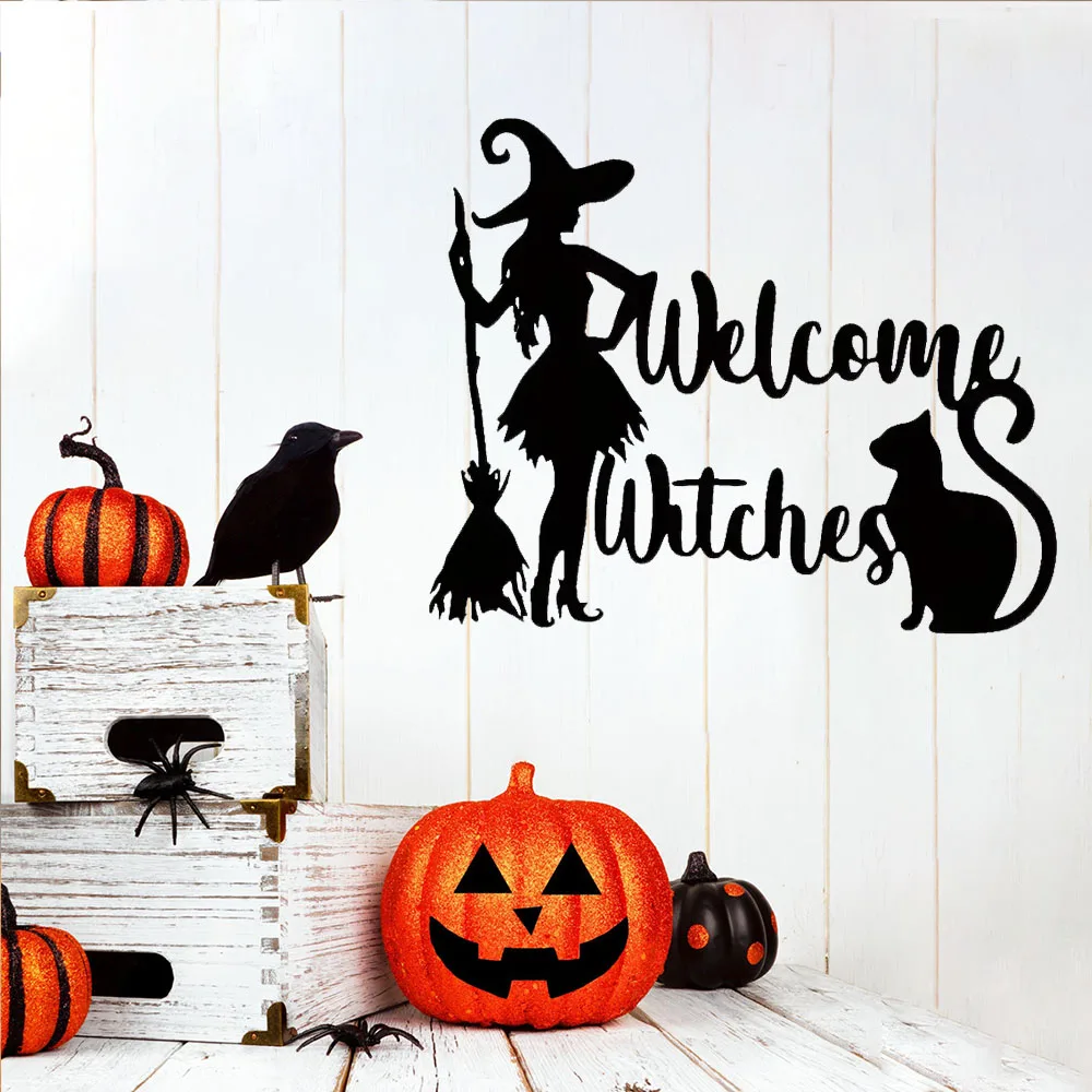 “Halloween Metal Wall Decoration Element: Delightful Witch Cat & Broomstick Welcome Sign.”