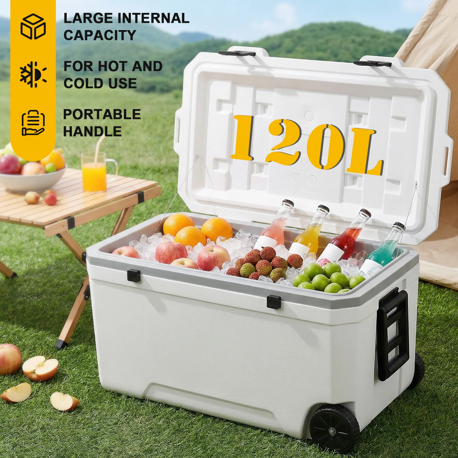 

120L Refrigerated Ice Chest Box with Wheels Fresh-Keeping Insulate Case Leak-Resistant Large Capacity for Beach/Drink/Beverage