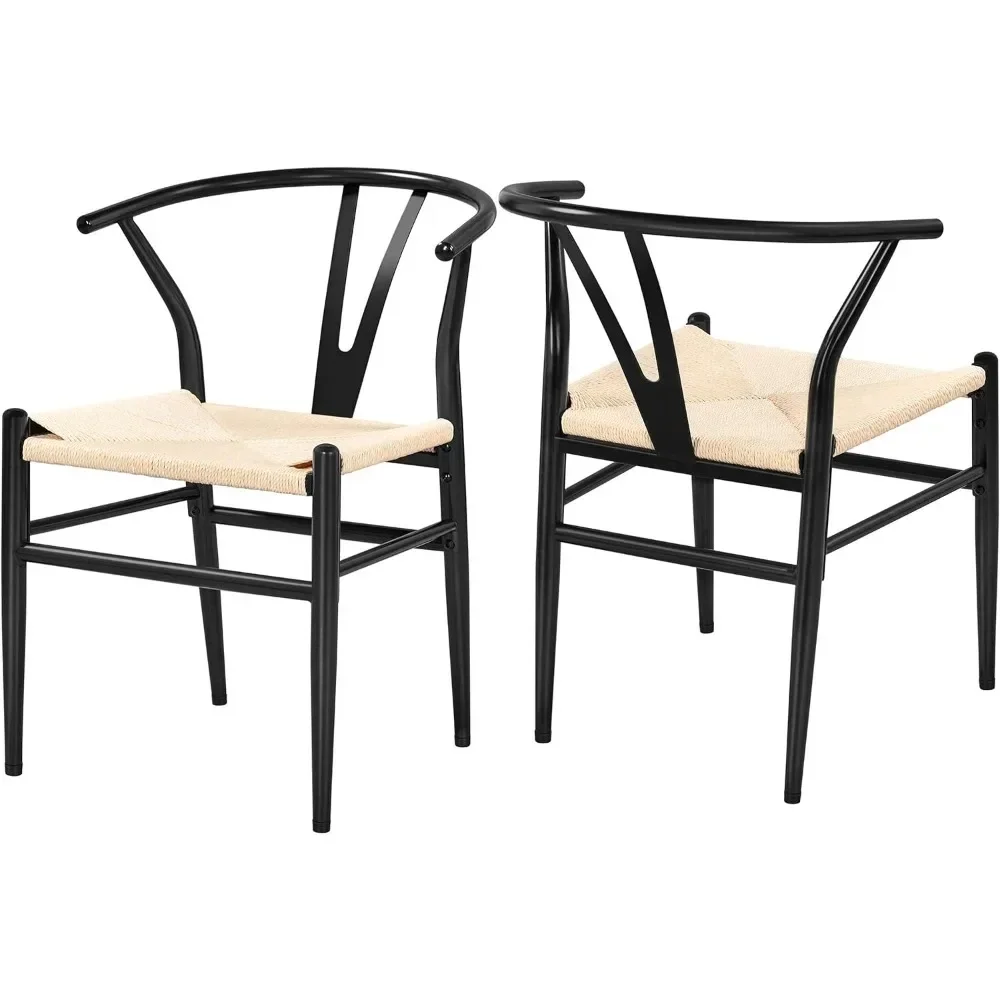 A set of 2 woven chairs, metal dining chairs, Y-shaped backrest, linen seats, blackLMYX