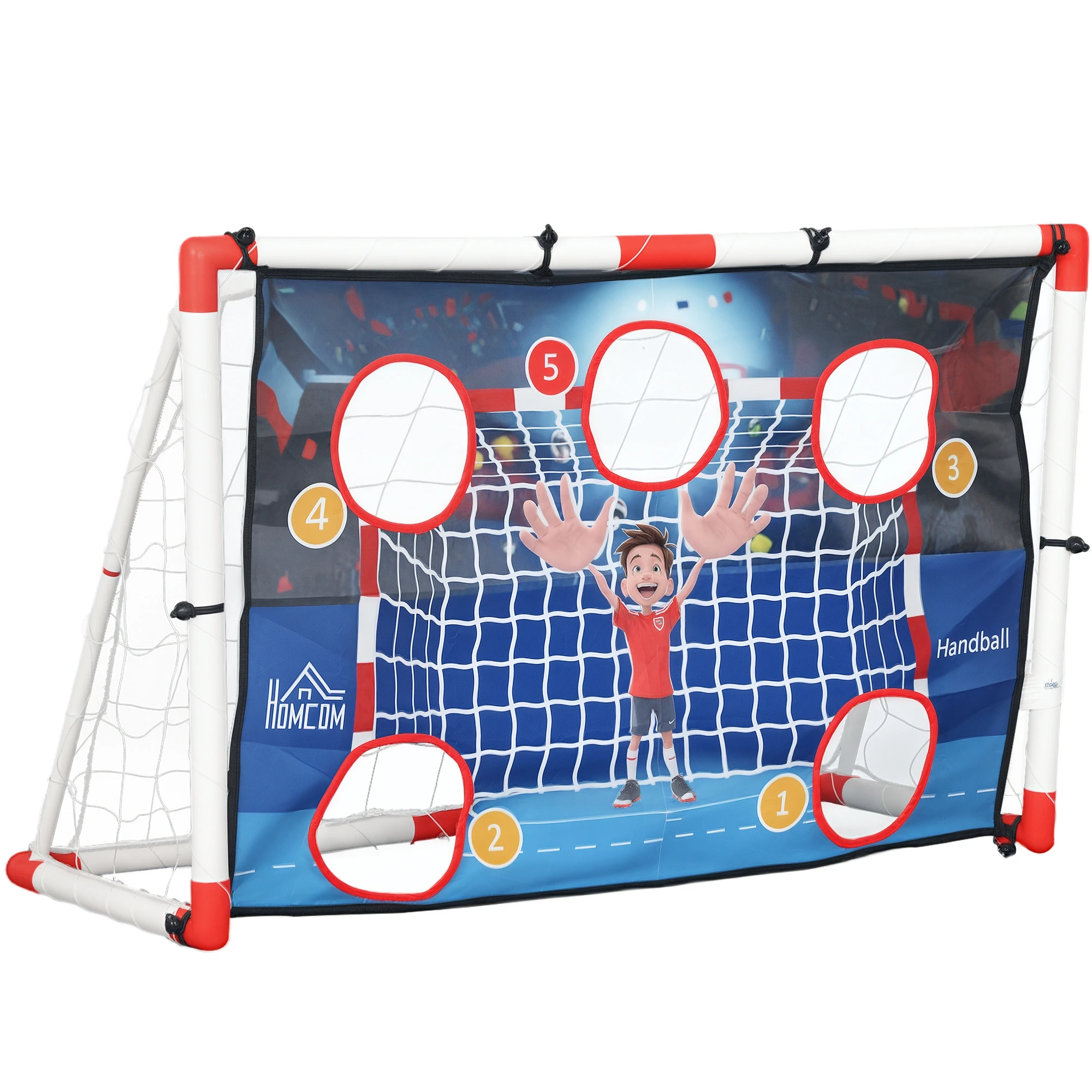 HOMCOM voetbaldoel en handbalkooi buiten 2-in-1, doel met 5 doelzones, opblaasbare handbalballon, pomp, U-vormige grondpennen, lichtgewicht frame
