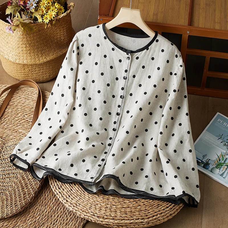 

Artistic Vintage Polka Dot Print Cotton Linen Long Sve irt Spring Autumn New Sle Unique Ele Open Cardigan Top Comm...