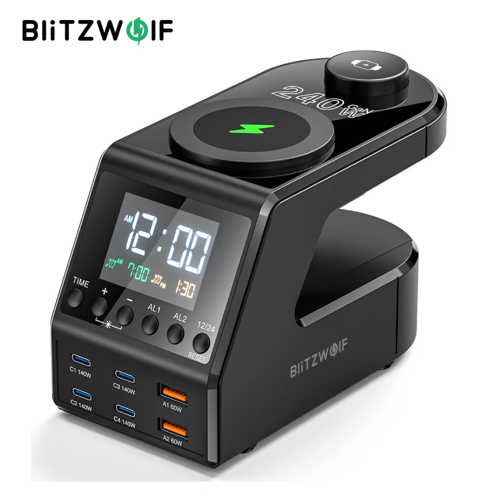

Blitzwolf BW-FW10 Беспроводное зарядное устройство для будильника 10-в-1, 240 Вт, 2USB-A + 4USB-C PD3.1/3.0 QC4.0/3.0/2.0 PPS Быстрое зарядное устройство AFC SCP
