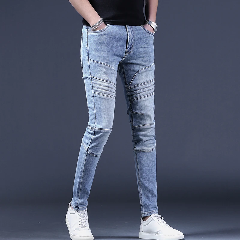 Blue Biker Men's Jeans Fashion Slim Fit Pants Streetwear Casual Patchwork Denim Trousers CP2203