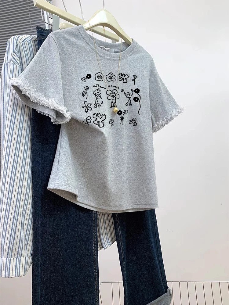 

Casual Floral Print ort Sve T-irt ex Summer Streetwear Versatile Loose Fit Moisture ng round Ne Top