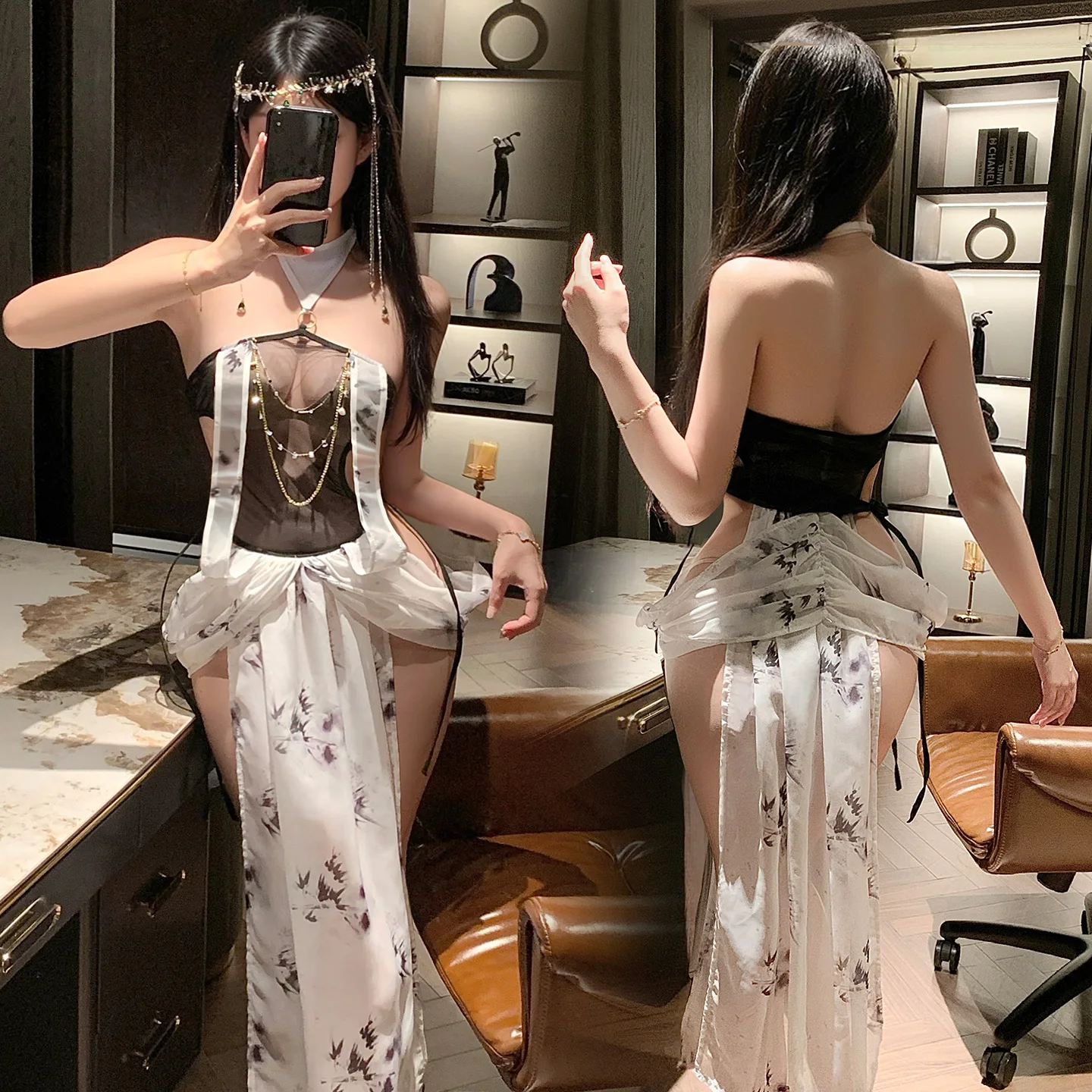 

New Sexy Ink Wash Bare Midriff Suit Charming Female Sexy Nightgown Sleepwear Dress Elegant Fashion Perspective Flirt Women Dress