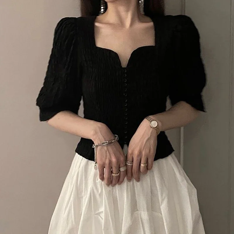 GIDYQ Black Square Collar T Shirt Women Vintage Folds Puff Short Sleeve Crop Tees Korean Fashion Casual Slim Office Lady Tops