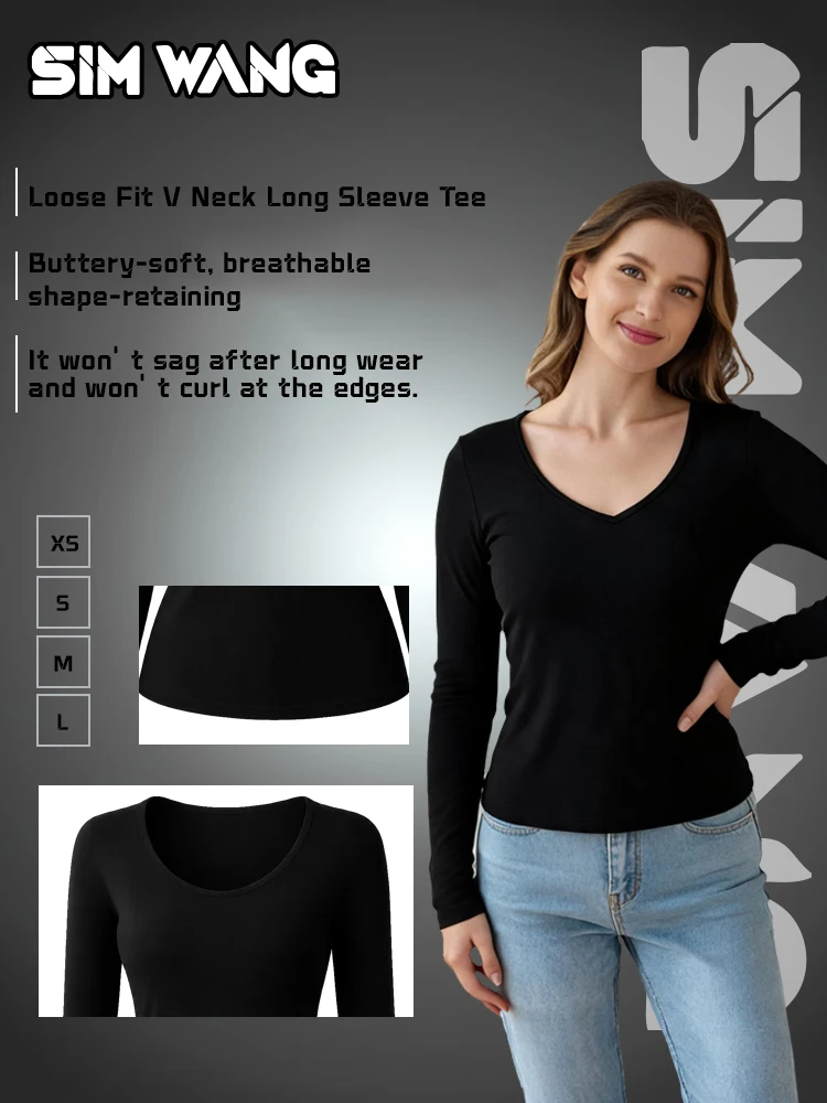 Simple low V-neck tight-fitting long-sleeved T-shirt for women, perfect for layering and versatile in style.