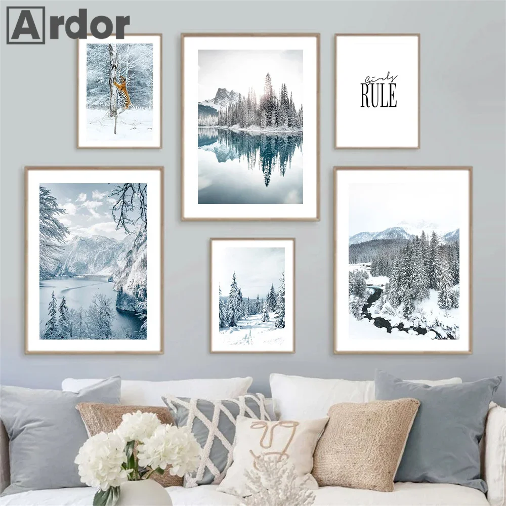 Sunlight Forest Lake Wall Art Canvas Painting Deer Tiger Wolf Poster Winter Snow Landscape Print Pictures Living Room Home Decor