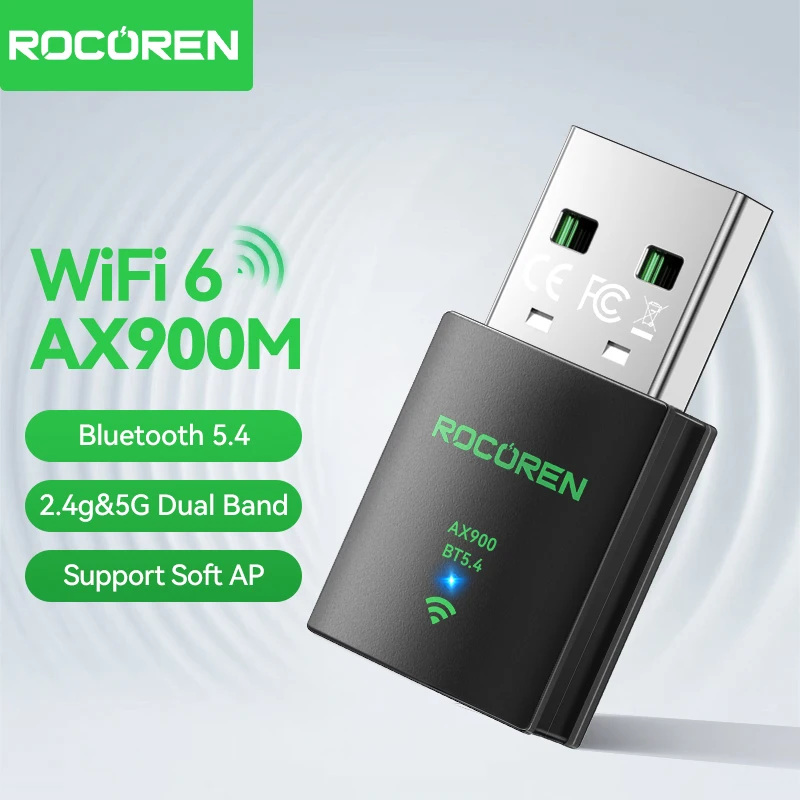 

Wi-Fi USB-адаптер Rocoren AX900, Wi-Fi 6, Bluetooth 5.4, 2-в-1, двухдиапазонный (2,4G и 5ГГц), высокоскоростной беспроводной сетевой приемник для ПК