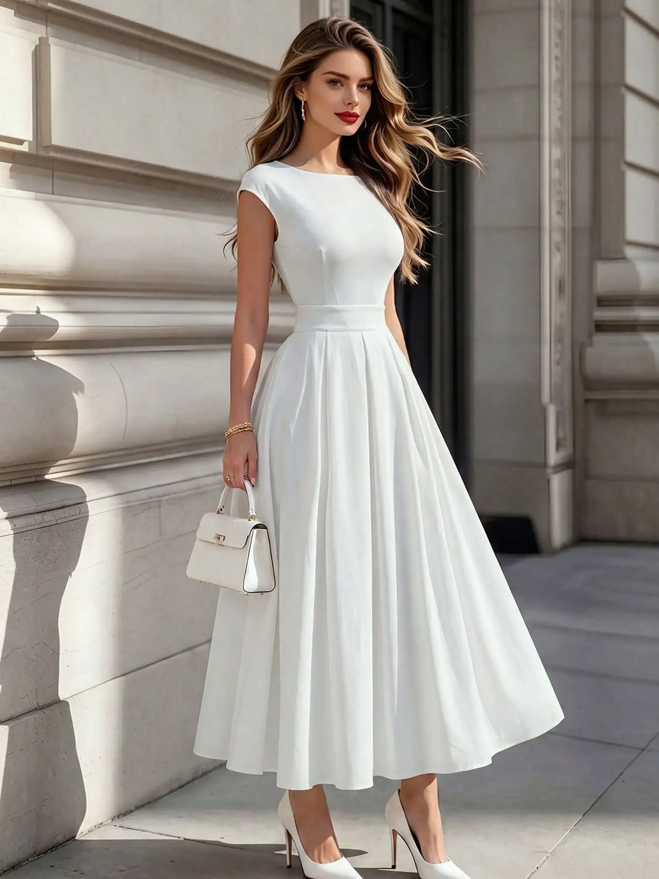 DONIC women's summer Easter white long dress, short sleeved high waisted pleated A-line streamlined elastic slim fit